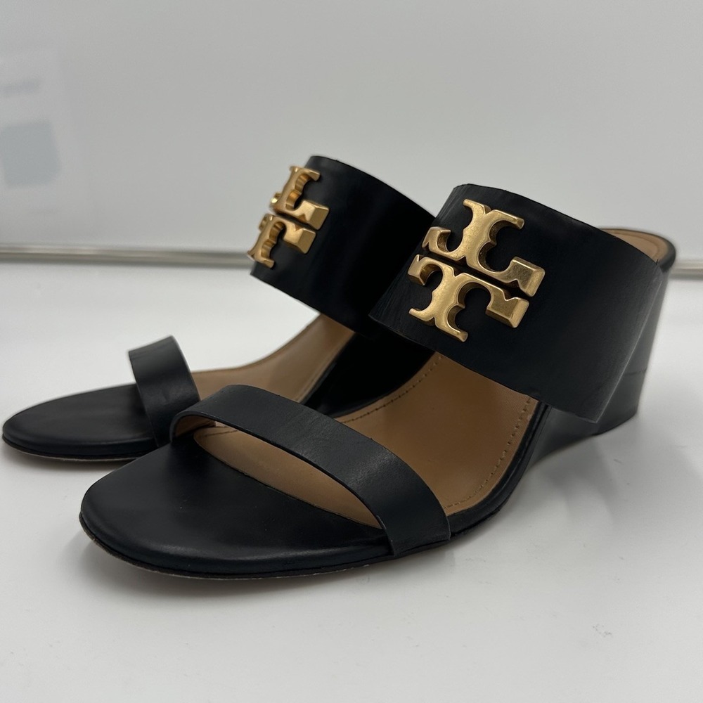 Tory Burch Everly Wedge Sandals 65mm Womens 9M Black Leather Gold 81616